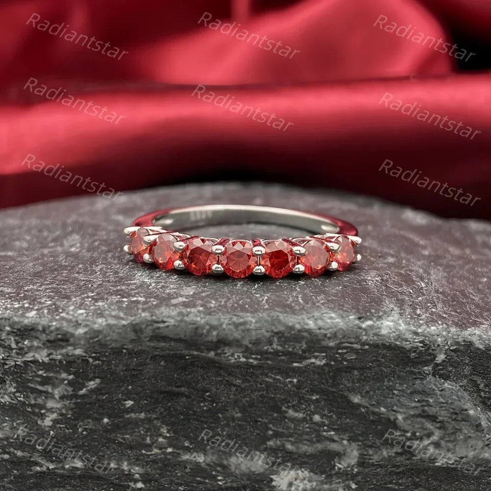 NEW Certified 3mm Garnet Moissanite 7 Stone Half Eternity Band Ring